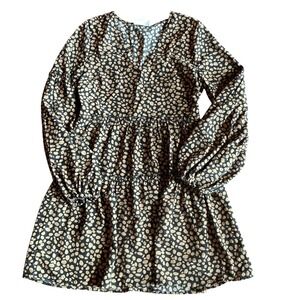 Loveriche Black Tan Spot Tiered Babydoll Mini Dress Long Sleeve Smocked S